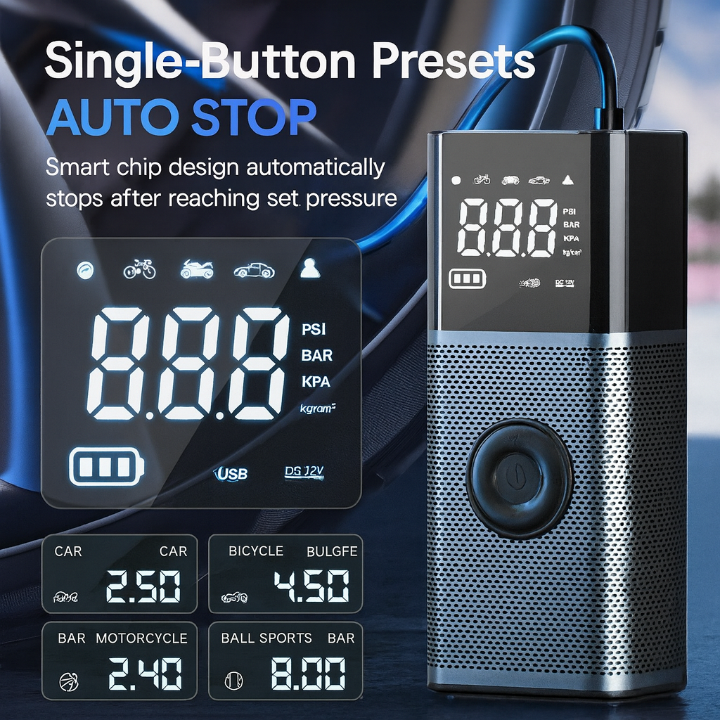 Pro Digital Tire Inflator – 150 PSI | Fast Inflation | Auto Stop & LED Display
