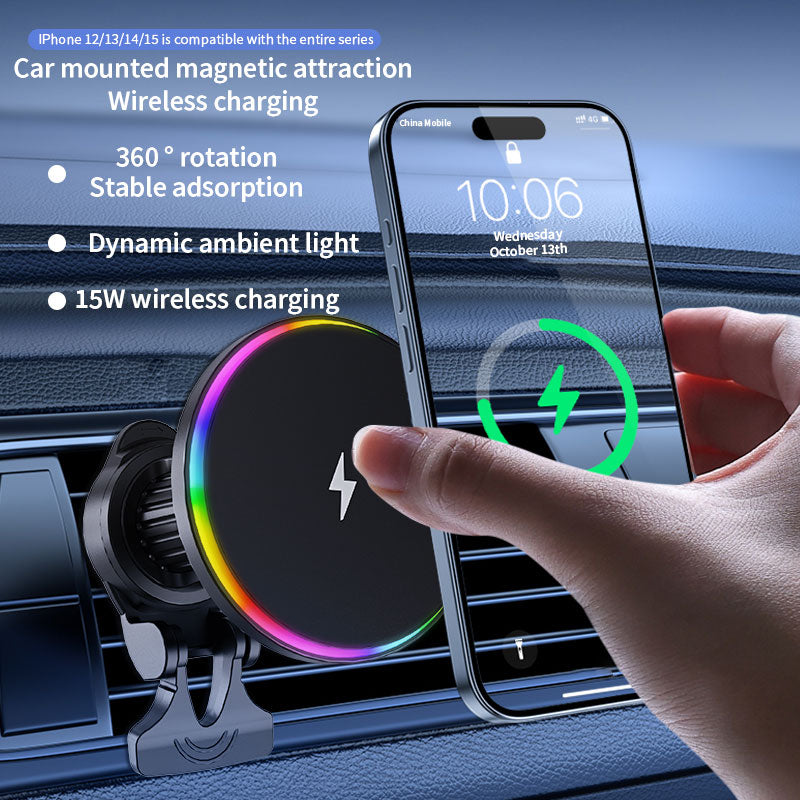 15W Magnetic Wireless Car Charger – RGB Ambient Ring, N52 Hold, 360° Vent Mount