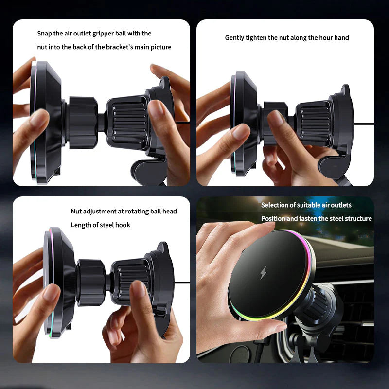 15W Magnetic Wireless Car Charger – RGB Ambient Ring, N52 Hold, 360° Vent Mount