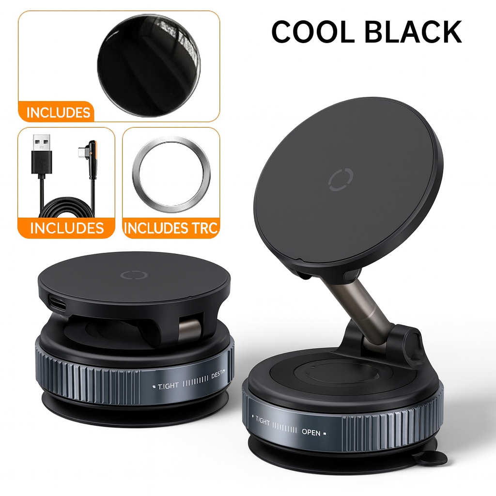 MagSafe Car Mount Pro — 15W Fast Wireless Charging • Vacuum Suction Pad • Zinc-Alloy Arm