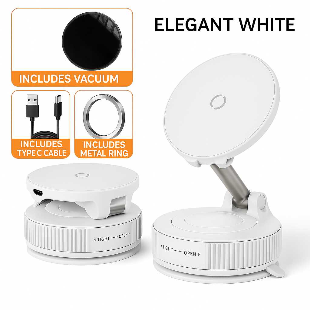 MagSafe Car Mount Pro — 15W Fast Wireless Charging • Vacuum Suction Pad • Zinc-Alloy Arm