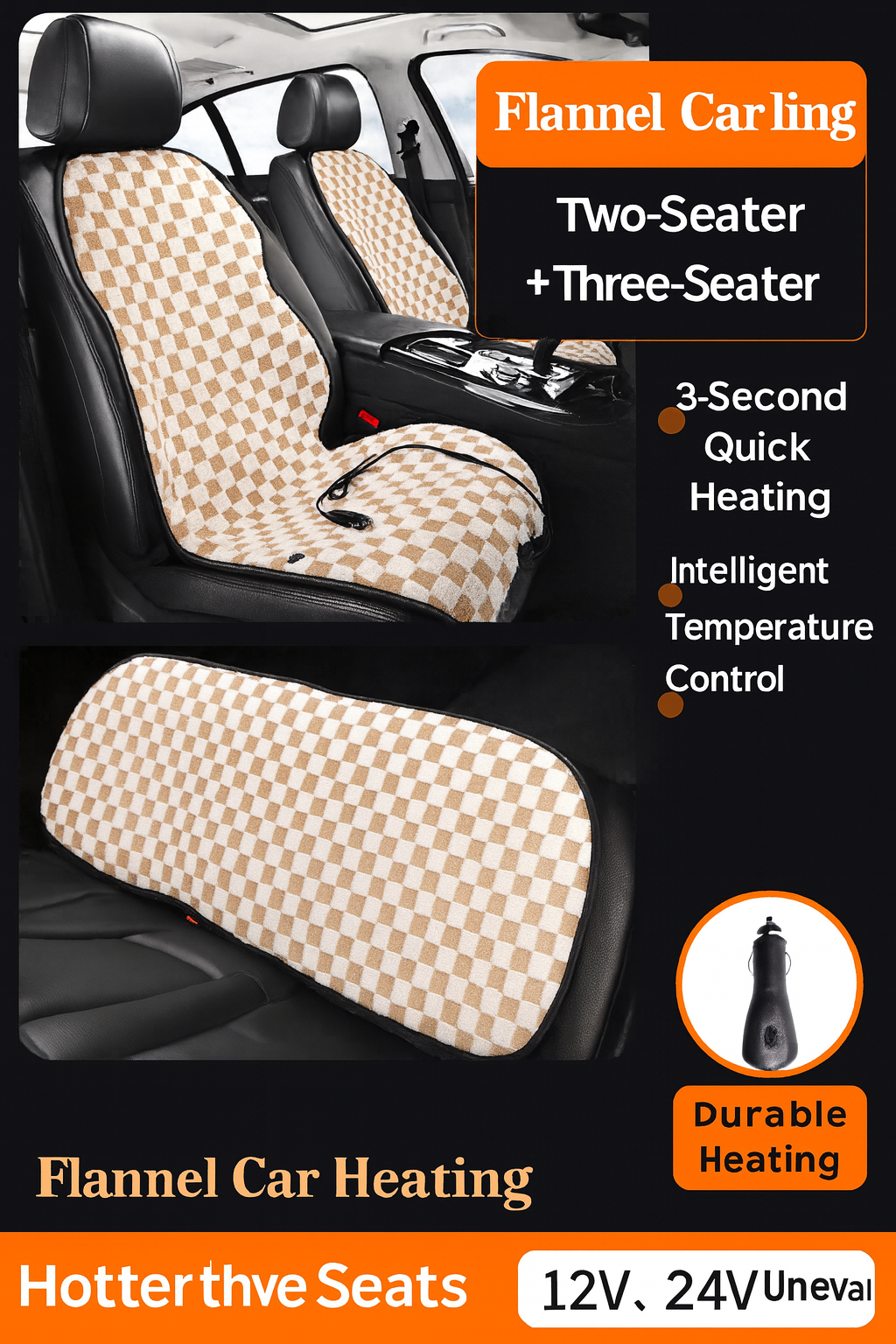 Graphene Pro Heated Car Seat Cushion – 12/24V | 3 Heat Levels | Smart Constant Temperature | Plaid Edition