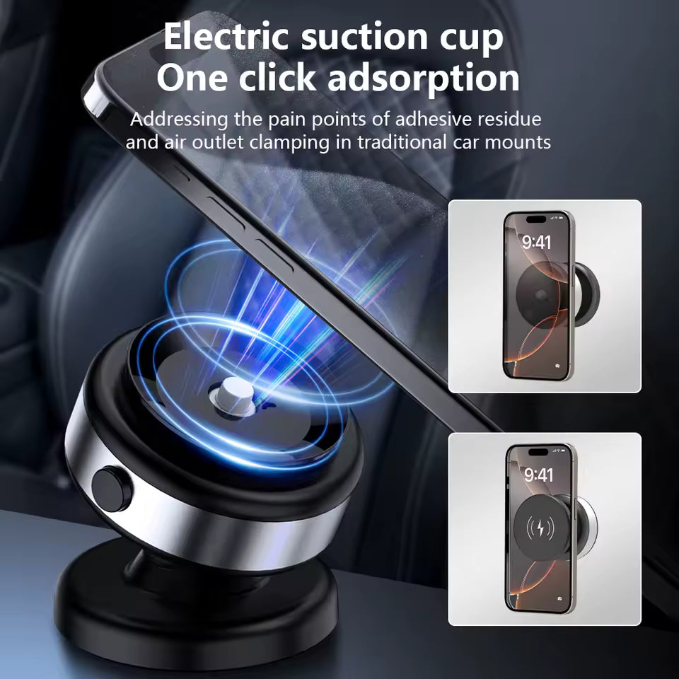 15W MagSafe Car Mount Max — Premium Alloy • Electric Vacuum Lock • N52 Secure Hold