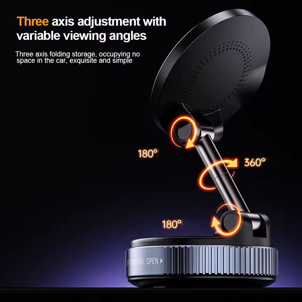 MagSafe Car Mount Pro — 15W Fast Wireless Charging • Vacuum Suction Pad • Zinc-Alloy Arm