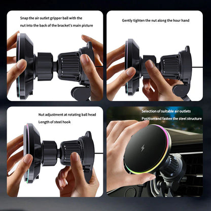15W Magnetic Wireless Car Charger – RGB Ambient Ring, N52 Hold, 360° Vent Mount