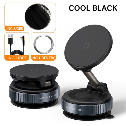 MagSafe Car Mount Pro — 15W Fast Wireless Charging • Vacuum Suction Pad • Zinc-Alloy Arm