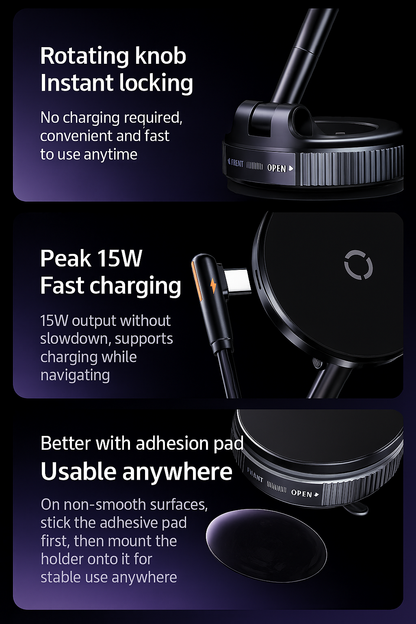 MagSafe Car Mount Pro — 15W Fast Wireless Charging • Vacuum Suction Pad • Zinc-Alloy Arm